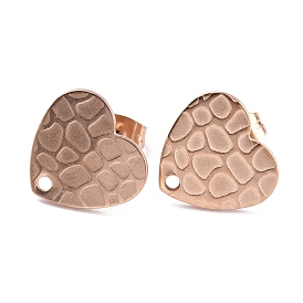 Ion Plating(IP) 304 Stainless Steel Stud Earring Findings, with Ear Nuts/Earring Backs and Hole, Heart Shape with Textured