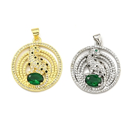 Brass Micro Pave Cubic Zirconia Pendants, with Enamel, Ring with Leopard Charms
