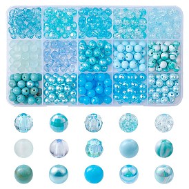 375Pcs 15 Style Blue Theme Transparent Crackle & Opaque Acrylic Beads, Faceted, Round