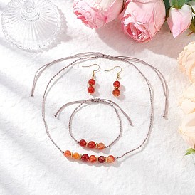 Комплект из круглых бусин из натурального полосатого агата/полосчатого агата, браслета и сережек-подвесок, с нейлоновой нитью и 304 крючками для сережек из нержавеющей стали