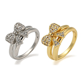 Bowknot Brass Micro Pave Clear Cubic Zirconia Double Rings, for Women