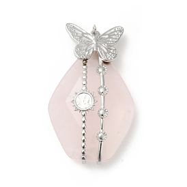 Natural Rose Quartz Pendants, Teardrop Charm, with Stainless Steel Color Plated 304 Stainless Steel Butterfly Findings