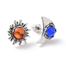 Resin Beaded Sun & Moon Asymmetrical Earrings, Retro Alloy Stud Earrings for Women