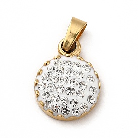 Polymer Clay Rhinestone Pendant, with Vacuum Plating 201 Stainless Steel, Flat Round