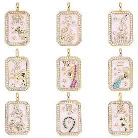 9Pcs 9 Styles Brass Micro Pave Cubic Zirconia Pendants with Enamel, Constellation with Rectangle, Rack Plating, Long-Lasting Plated, Lead Free & Cadmium Free, Real 18K Gold Plated