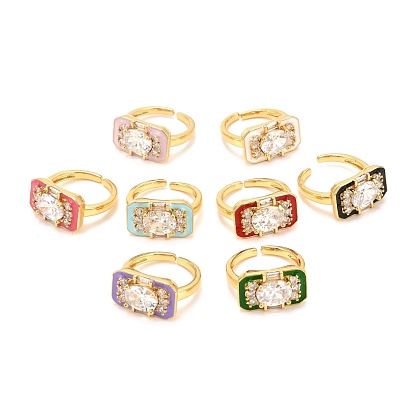 Brass Micro Pave Cubic Zirconia Cuff Ring, Open Rings with Enamel, Real 18K Gold Plated, Rectangle