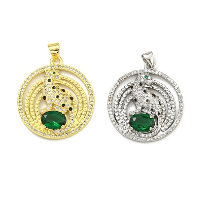 Brass Micro Pave Cubic Zirconia Pendants, with Enamel, Cadmium Free & Nickel Free & Lead Free, Ring with Leopard Charms