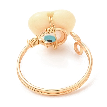 Resin Heart with Eye Open Cuff Rings, Golden Brass Wire Wrap Jewelry for Women