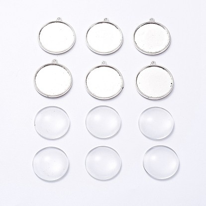 DIY Pendant Making, Tibetan Style Alloy Pendant Cabochon Settings and Transparent Glass Cabochons, Flat Round