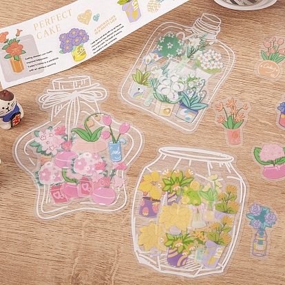 Glitter Flower PET Waterproof Self Adhesive Stickers Sets, DIY Flower Vase Decals, for DIY Scropbooking