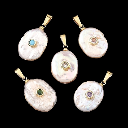 Natural Nucleated Baroque Keshi Pearl Pendants, Oval Charms with Brass Micro Pave Cubic Zirconia(Rrandom Color) Findings, Golden