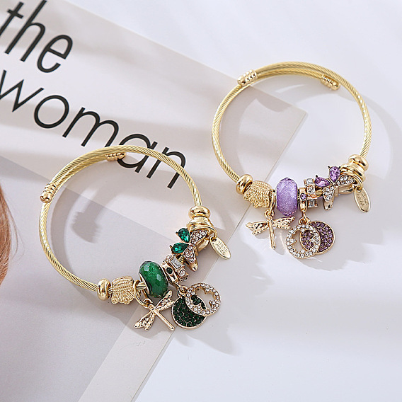 304 из нержавеющей стали европейские браслеты, браслеты с подвесками для женщин, со сплавом, стразами и смолой