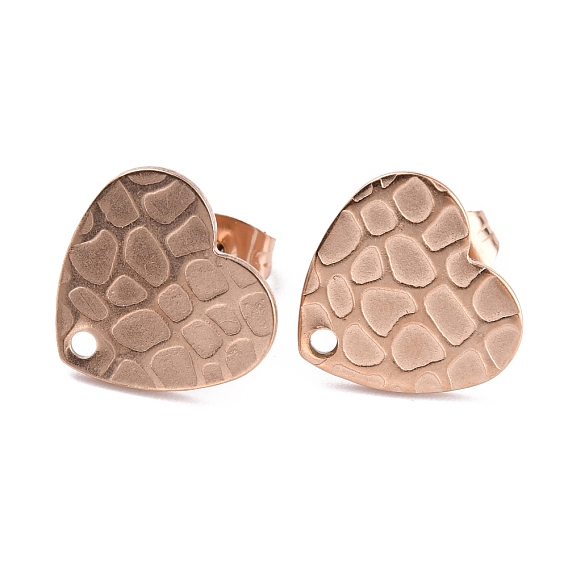 Ion Plating(IP) 304 Stainless Steel Stud Earring Findings, with Ear Nuts/Earring Backs and Hole, Heart Shape with Textured