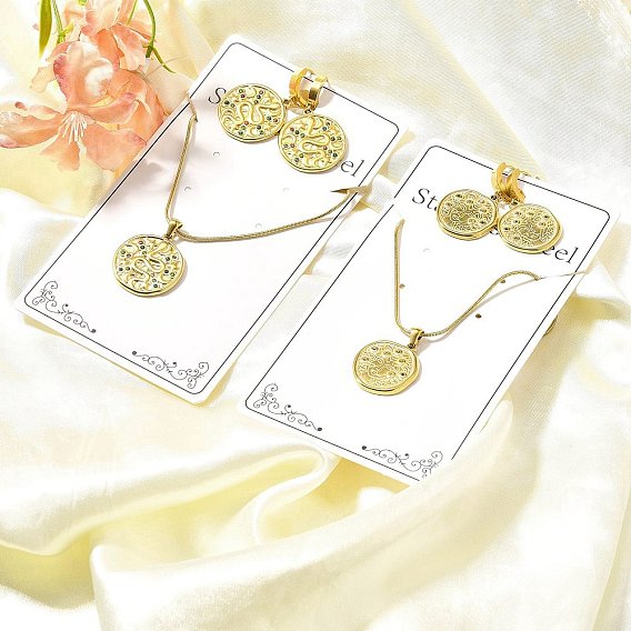 304 комплект из ожерелий с подвесками из нержавеющей стали и серег-колец для женщин, плоско-круглые, ионное покрытие (ip)