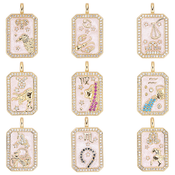 9Pcs 9 Styles Brass Micro Pave Cubic Zirconia Pendants with Enamel, Constellation with Rectangle, Rack Plating, Long-Lasting Plated, Lead Free & Cadmium Free, Real 18K Gold Plated