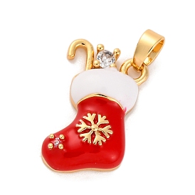 Christmas Theme Brass Micro Pave Cubic Zirconia Pendants, with Enamel, Christmas Stocking