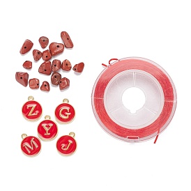 26Pcs Flat Round Initial Letter A~Z Alphabet Enamel Charms, 20G Natural Brecciated Jasper Chip Beads and Elastic Thread, for DIY Jewelry Making Kits