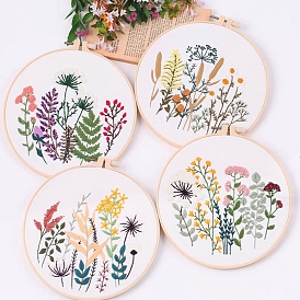 Plants Pattern Embroidery Starter Kits, Including Embroidery Cloth & Thread, Needle, Embroidery Hoop, Instruction