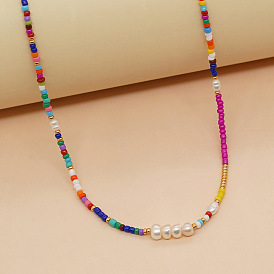 Bohemian Mixed Color Bead Necklace with Handmade Pearl Bead - Women's Style
