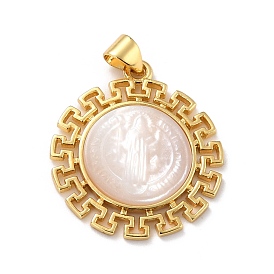 Eco-Friendly Brass Pendants, Long-Lasting Plated, with Natural Shell, Real 18K Gold Plated, Cadmium Free & Lead Free, Round with Jesus Pattern