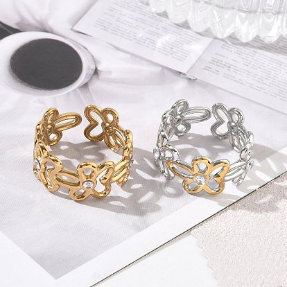 304 Stainless Steel Micro Pave Cubic Zirconia Cuff Open Rings, Flower