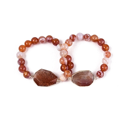 Brass Natural Agate(Dyed & Heated) Faceted Teardrop and Round Beaded Stretch Bracelets for Women, Golden