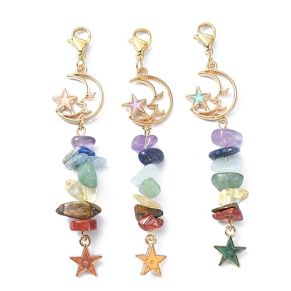 Chakra Natural Gemstone Chip Beaded Pendant Decorations, with Alloy Enamel Charms and 304 Stainless Steel Lobster Claw Clasps, Star and Moon