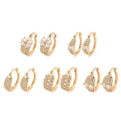 Brass Micro Pave Clear Cubic Zirconia Hoop Earrings, Leaf