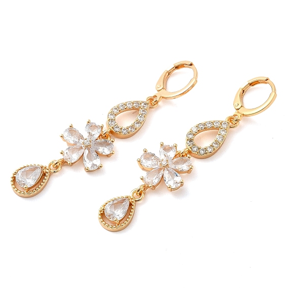 Rack Plating Golden Brass Dangle Leverback Earrings, with Cubic Zirconia, Flower