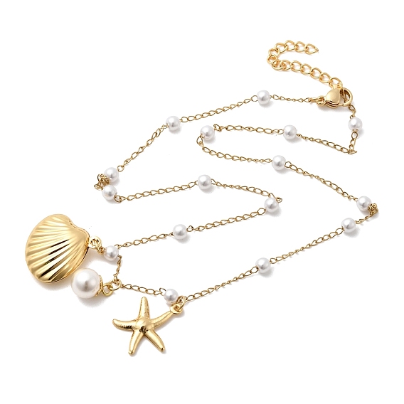 304 Женские подвески в форме ракушки из нержавеющей стали, с абс пластмассовыми жемчужными бисером, белые