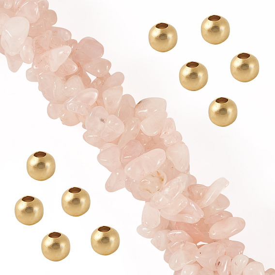 1 Strand Natural Rose Quartz Chip Beads Strands, with 50Pcs Golden Tone Brass Spacer Round Beads