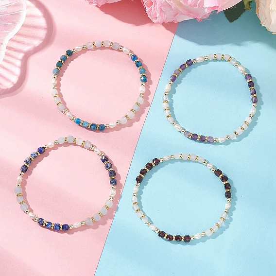 Эластичные браслеты для женщин с натуральными драгоценными камнями и культивированным пресноводным жемчугом в форме кубиков и рисовых зерен., с Гальваническим немагнитных синтетическими гематита бисера