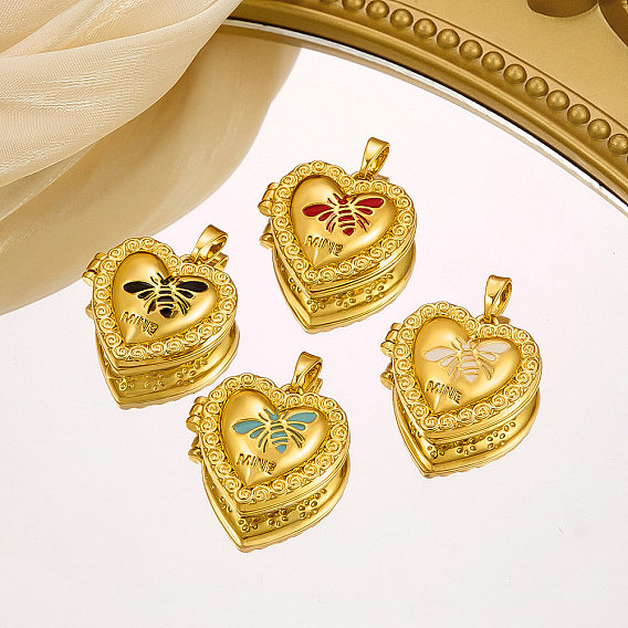 Латунь эмаль Locket подвески, сердце с пчелами