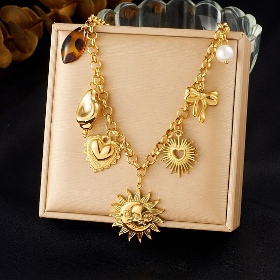 304 Stainless Steel & Resin & Imitation Pearl Multi-Pendant Bib Necklaces for Women, Golden