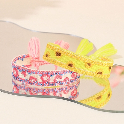 Bohemia Polyester Flat with Flower Cord Bracelet, Adjustable Bracelet with Tassel