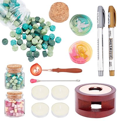 DIY-Stempelherstellungssets, inklusive Glasglas Glasflasche für Perlenbehälter, Siegellackpartikel, Holzwachsofen, Eisenpigment Rührstab Löffel, Kunststoff Glitzer Gelstift