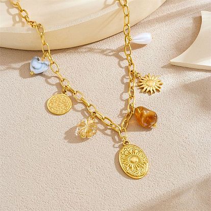 304 Stainless Steel & Resin & Imitation Pearl Multi-Pendant Bib Necklaces for Women, Golden