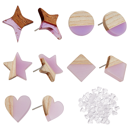 10 Pair 5 Style Resin & Wood Stud Earrings Set, with 304 Stainless Steel Pin, Mix Shaped