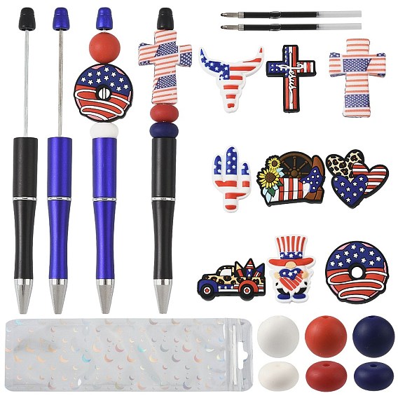 Independence Day DIY Beadable Pen Making Kits, include Plastic Ball-Point Pen, Silicone Beads, Plastic Ballpoint Pen Refills