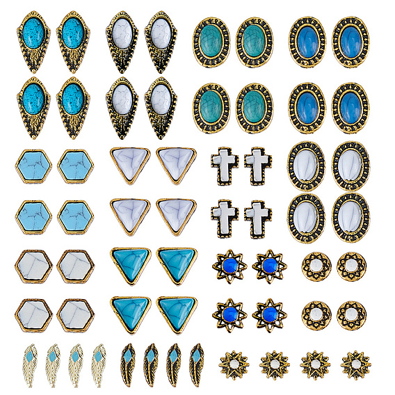 60Pcs 15 Styles Alloy Resin Cabochons, Nail Art Decoration Accessories, Antique Golden