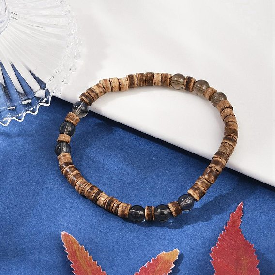 Натуральные кокосовые плоские круглые бусины эластичные браслеты для женщин и мужчин, с круглыми бусинами из синтетического дымчатого кварца