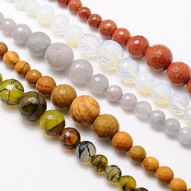 Natural & Synthetic Gemstone Beads Strands, Graduated Beads, Faceted, Round, 6~14mm, Hole: 1mm