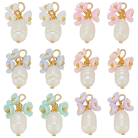 12шт 6 подвеска из смолы и натурального жемчуга, с 304 стали и латуни выводы из нержавеющей, цветок