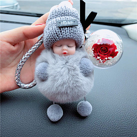 Cute Plush Doll Keychain with Everlasting Flowers for Women's Gifts and DIY Projects
