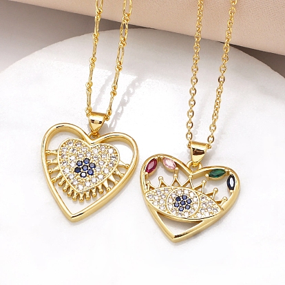 Brass Micro Pave Cubic Zirconia Pendant Necklaces for Women, Heart with Eye
