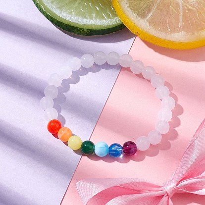 Acrylic Imitation Jade Round Beaded Stretch Bracelets for Women