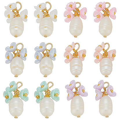 12шт 6 подвеска из смолы и натурального жемчуга, с 304 стали и латуни выводы из нержавеющей, цветок