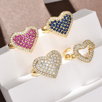 Открытые кольца манжеты из латуни с микропаве и кубическим цирконием, сердце, стойки покрытие, долговечный, без свинца и без кадмия, реальный 18 k позолоченный