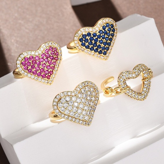 Открытые кольца манжеты из латуни с микропаве и кубическим цирконием, сердце, стойки покрытие, долговечный, без свинца и без кадмия, реальный 18 k позолоченный