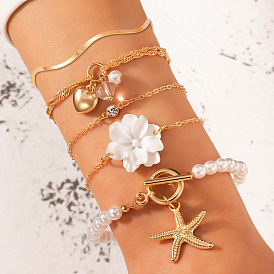 Chic 5-Piece Set of White Flower Heart Starfish Pearl Bracelets for Women